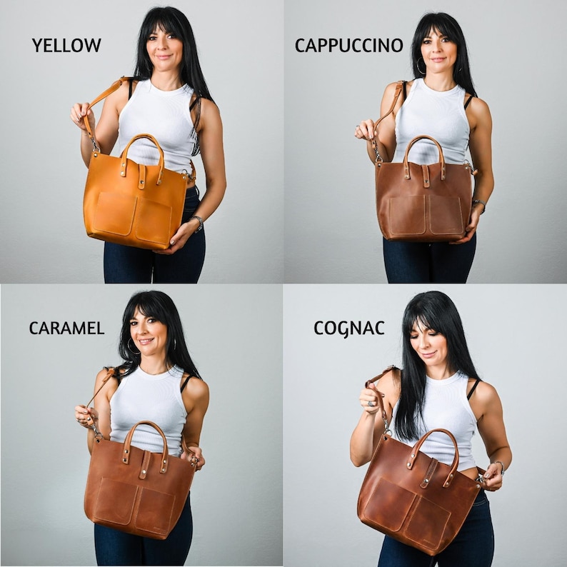 May include: Four women are holding a brown leather tote bag in different colors: yellow, cappuccino, caramel, and cognac. The bags have a single strap and a front pocket.