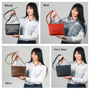 May include: A collection of four rectangular crossbody bags with a flap closure and an adjustable shoulder strap. The bags are shown in black, red, olive, and navy blue colors, each featuring a small embossed logo on the front flap.