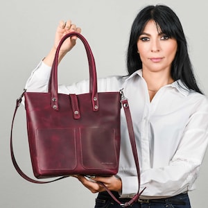 Sac avec fermeture éclair, Sac en cuir bordeaux, Sac fourre-tout moyen, Sac à bandoulière, Sac à bandoulière pour femme, Sac fourre-tout pour femme, Sac personnalisé, Sac en cuir