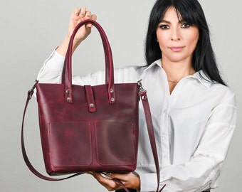Bag with zipper, Burgundy leather bag, Medium tote bag, Shoulder bag, Crossbody woman bag, Woman tote bag, Personalized bag, Leather bag