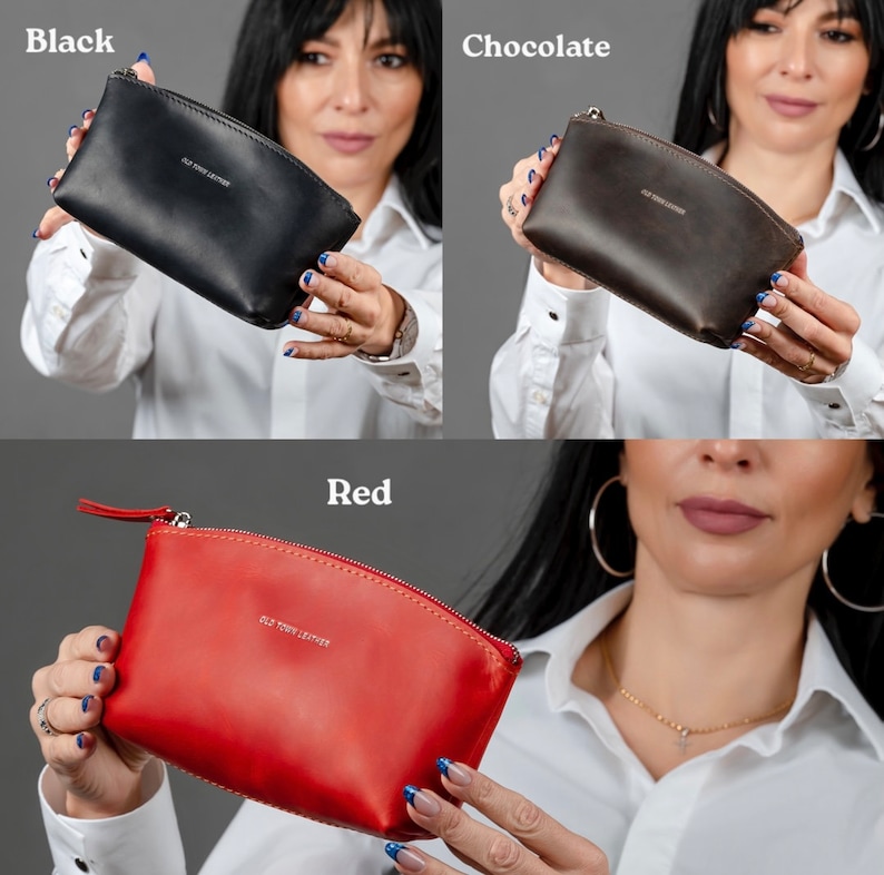 May include: Three small leather zippered pouches in black, brown, and red. Each pouch has the text "Old Pony Leather" embossed on the front.