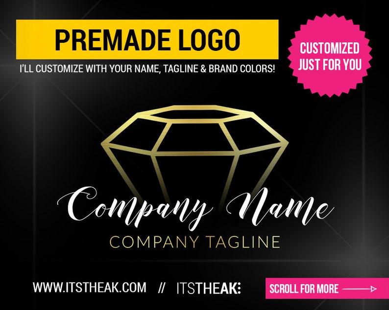 Premade Diamond Logo Design Elegant Script Cursive Glam Hair Extensions Hair Collection Lash Eyelashes Clothing Boutique Stylist Girly
