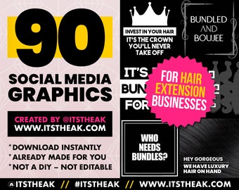 Social Media Graphics for Hair Extension Businesses | Social Media Content | Instagram Posts | Flyer Templates | Hair Quotes | Black White