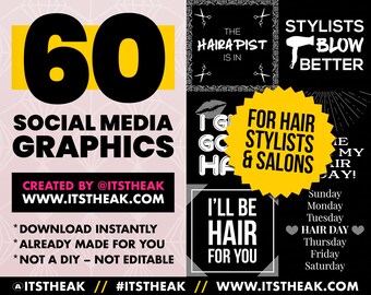 Social Media Graphics for Hair Stylists | Social Media Content | Posts Flyers Templates | Hair Salon Hair Quotes | Classic Glam Black White