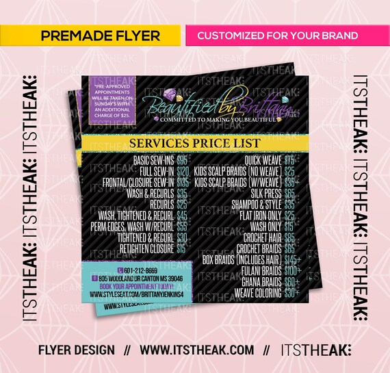 Premade Hair Stylist Pricing Flyer Customized For Your Brand Etsy
