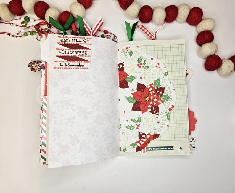 May include: Open journal with decorative pages. One page features a poinsettia design on a doily. The other page has text that reads "Let's Make It December To Remember". Red, green, and white ribbon bookmarks are visible.