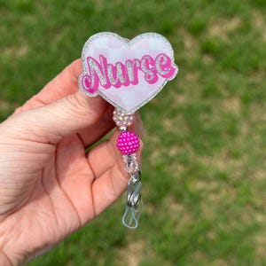 Nurse Pink Glitter Heart Badge Reel ID holder nurse and nursing staff gift idea
