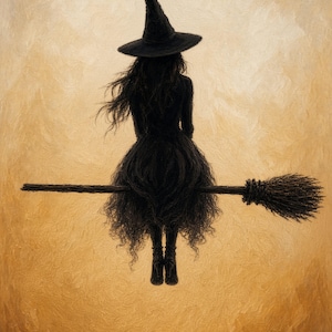 May include: A figure wearing a black pointed hat and a dark, textured dress sits atop a wooden broomstick. The individual has long, dark hair and is wearing dark footwear. The entire scene is set against a solid, warm, golden-yellow background.