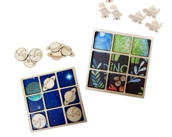 Wooden Tic Tac Toe Game, dinosaur, outer space, Custom Tic Tac Toe Board, kids game, Travel Game, Birthday Gift, Kids Birthday, Kids present