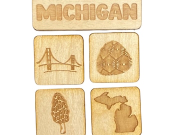 Magnetset för sevärdheter i Michigan – Laserskuren träsouvenir, statliga landmärken, Mackinac Bridge, de stora sjöarna, Michigan-present, reseminne
