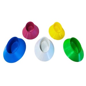 May include: Five colorful plastic bowls with a raised lip around the edge. The bowls are blue, pink, yellow, white, and green.