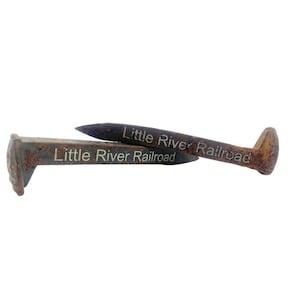 May include: Two rusty railway spikes with the text "Little River Railroad" etched on them. One spike is lying flat, while the other is angled upwards, showcasing the pointed end. The spikes have a square head and a tapered body.