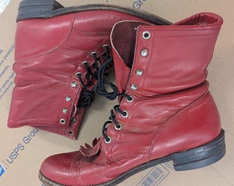 90s Vintage Justin Boots Red Leather Lace-Up Roper Ankle Boots Western Women's 8