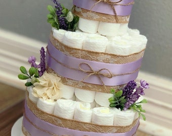 Light Purple Diaper Cake| Purple Diaper Cake| Floral Diaper Cake| Greenery Diaper Cake| Burlap Diaper Cake| 3 Tier Diaper Cake