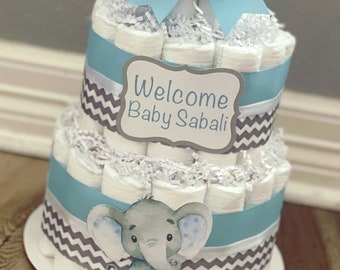 Blue and Gray Elephant Diaper Cake | Elephant Diaper Cake | Blue and Gray Diaper Cake | Boy Diaper Cake | Blue Diaper Cake | Diaper Cake