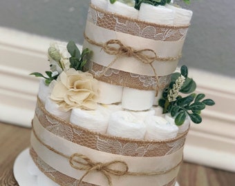 Floral Diaper Cake| Greenery Diaper Cake| Burlap Diaper Cake| 2 Tier Diaper Cake