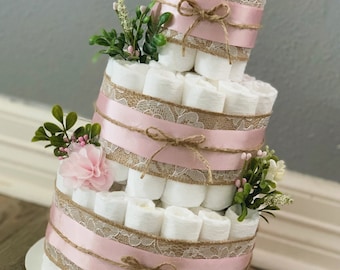 Floral Diaper Cake| Greenery Diaper Cake| Pink Diaper Cake| Burlap Diaper Cake| 3 Tier Diaper Cake|
