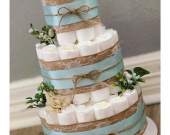 Floral Diaper Cake| Greenery Diaper Cake| Burlap Diaper Cake| Blue Diaper Cake| 3 Tier Diaper Cake