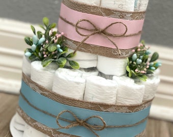 Gender Reveal Diaper Cake| Diaper Cake| Greenery Diaper Cake| Burlap Diaper Cake| 2 Tier Diaper Cake