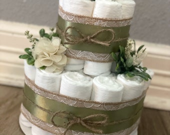 Floral Diaper Cake| Greenery Diaper Cake| Burlap Diaper Cake| 2 Tier Diaper Cake| Sage Green Diaper Cake| Green Diaper Cake