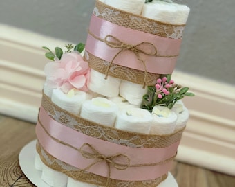 Floral Diaper Cake| Greenery Diaper Cake| Pink Diaper Cake| Burlap Diaper Cake| 2 Tier Diaper Cake|