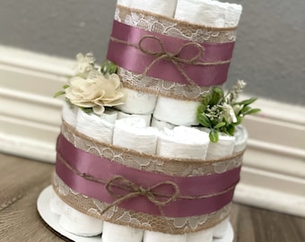 Floral Diaper Cake| Greenery Diaper Cake| Burlap Diaper Cake| 3 Tier Diaper Cake| Girl Diaper Cake| Mauve Diaper Cake| 2 Tier Diaper Cake