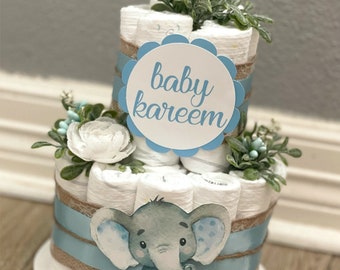 Elephant Diaper Cake| Greenery Diaper Cake| Burlap Diaper Cake| Blue Diaper Cake| 2 Tier Diaper Cake| Boy Diaper Cake