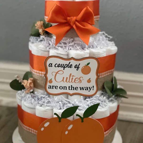 Cutie Diaper Cake| Orange Diaper Cake| 3 Tier Diaper Cake| Diaper Cake| Twins Diaper Cake