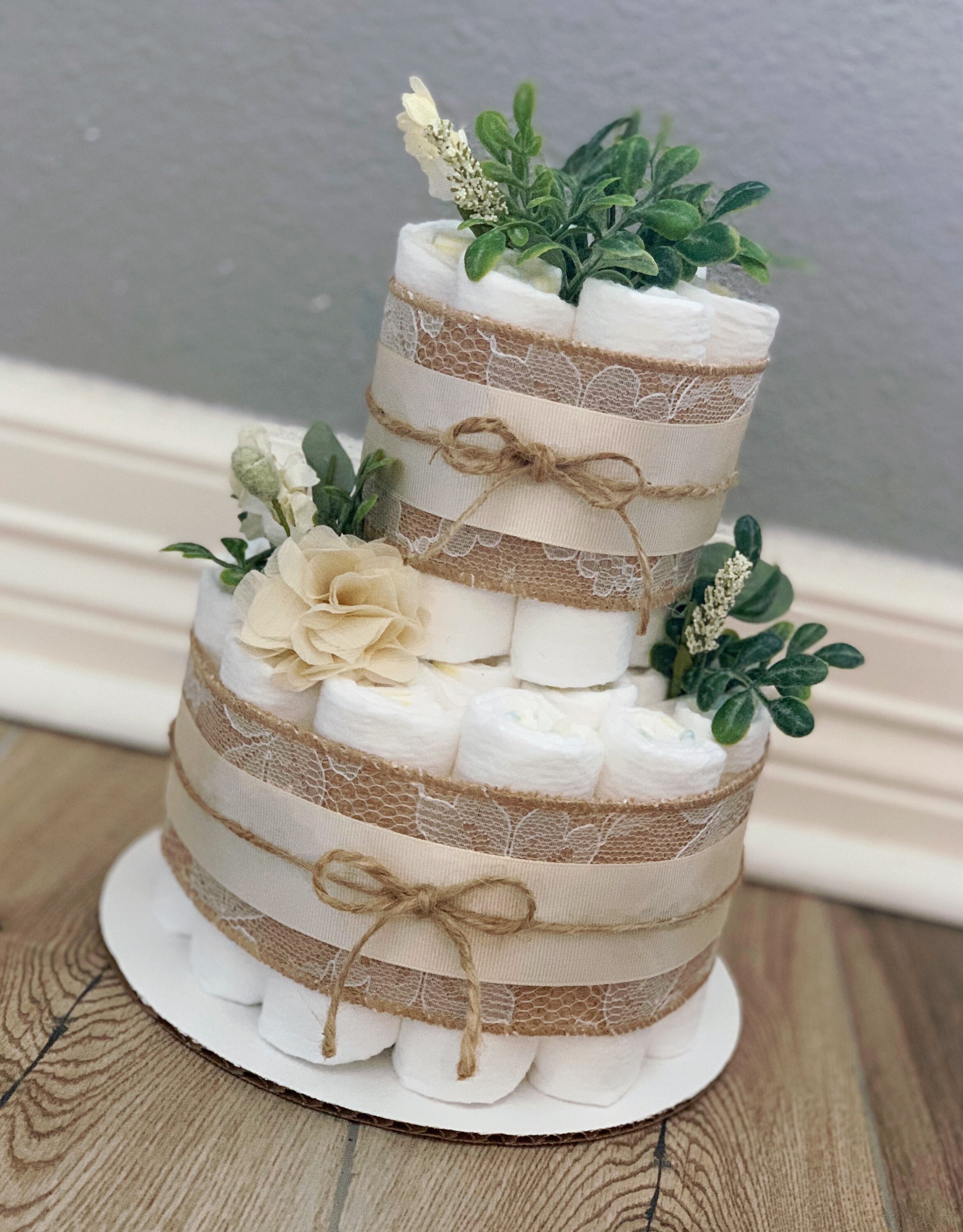Girl Diaper Cake 3 Tier Diaper Cake Greenery Diaper Cake Floral Diaper Cake Mauve Diaper Cake Burlap Diaper Cake