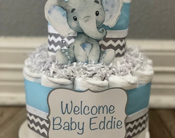 Blue and Gray Elephant Diaper Cake | Elephant Diaper Cake | Blue and Gray Diaper Cake | Boy Diaper Cake | Blue Diaper Cake | Diaper Cake