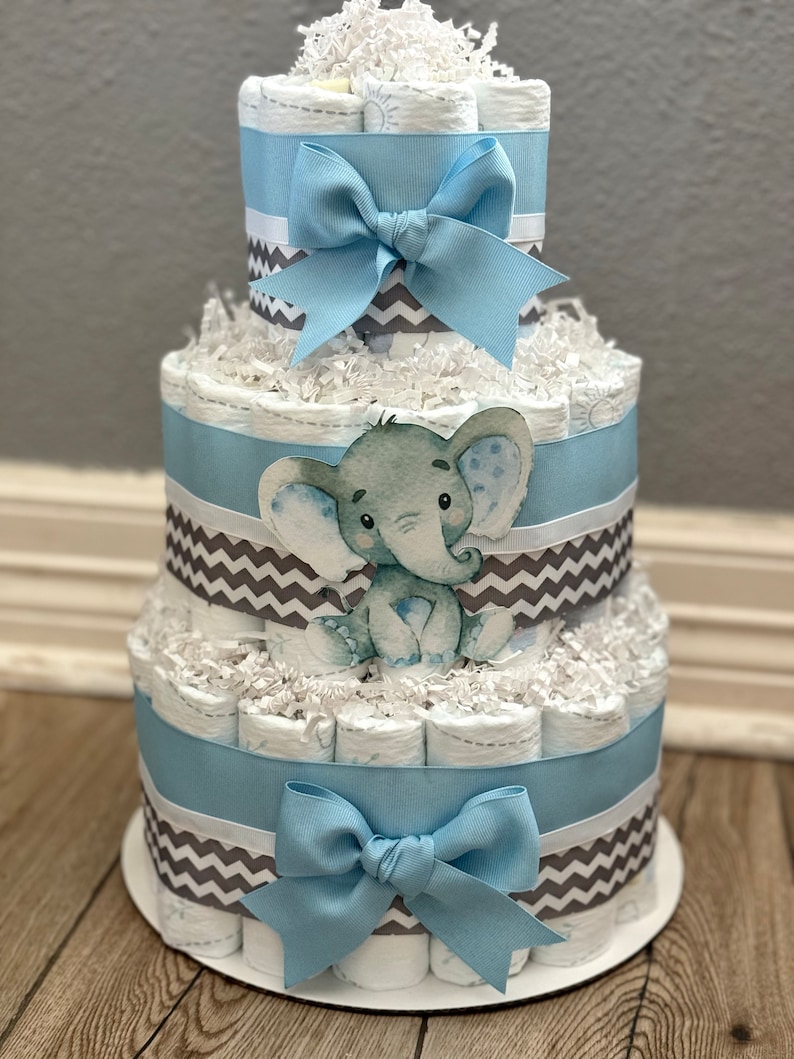 Blue and Gray Elephant Diaper Cake Elephant Diaper Cake Blue and Gray Diaper Cake Boy Diaper Cake Blue Diaper Cake Diaper Cake image 3