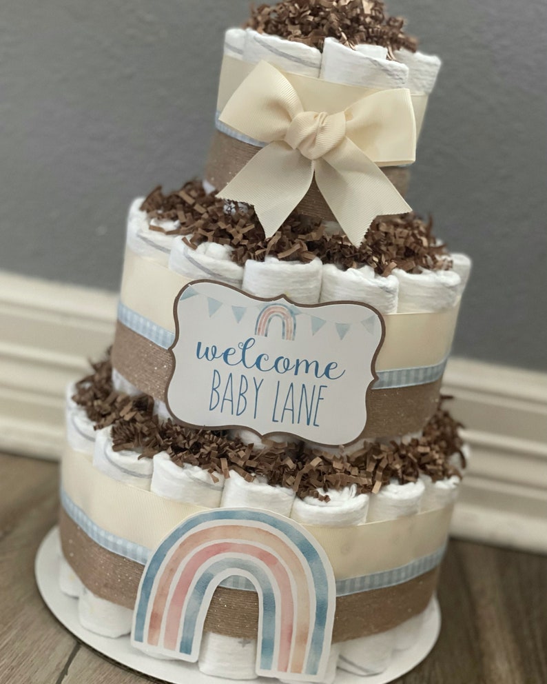 Boho Diaper Cake Rainbow Diaper Cake Boho Rainbow Diaper Cake 3 Tier Diaper Cake Boy Diaper Cake Blue Diaper Cake Diaper Cake image 1