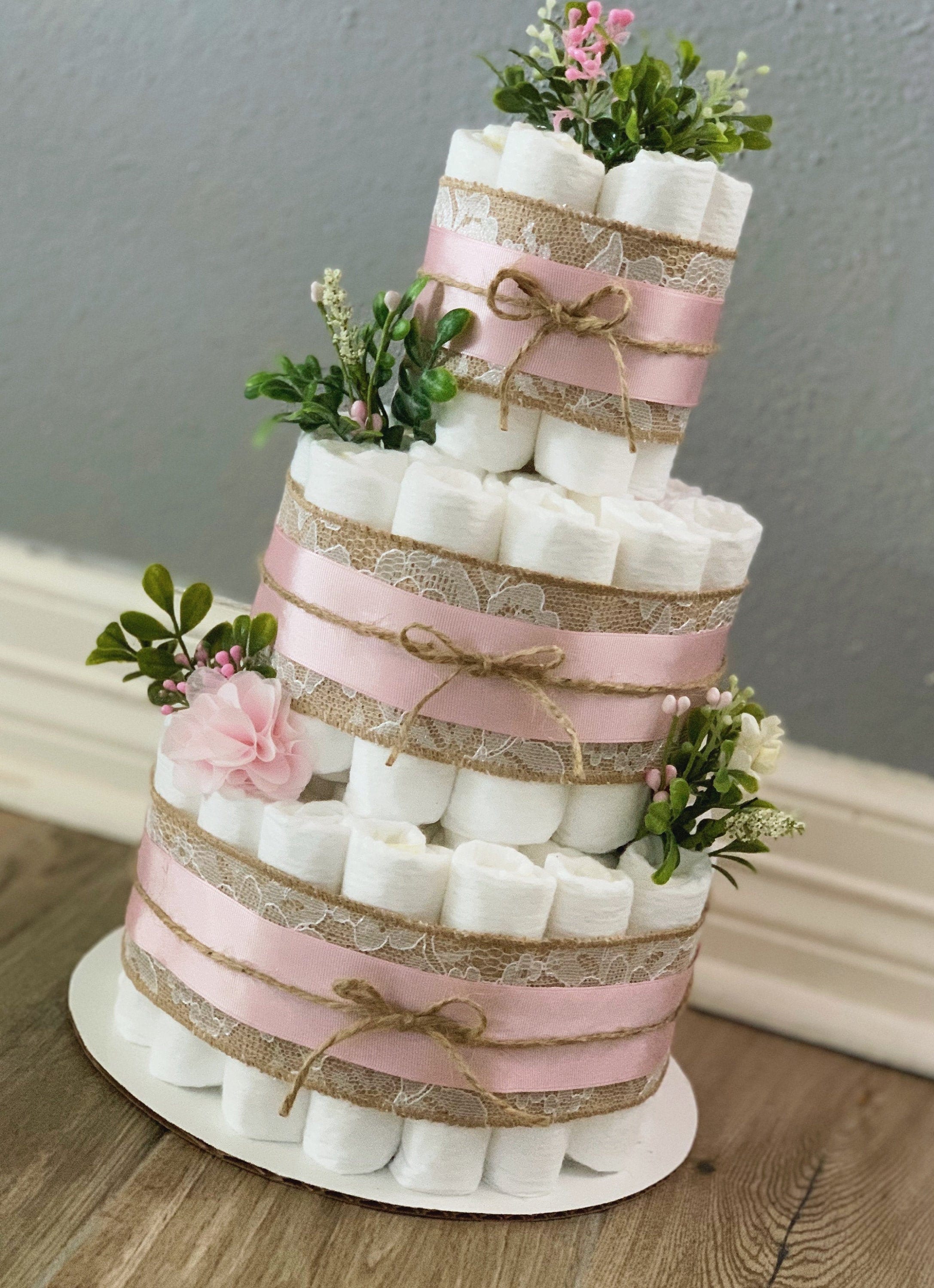 Girl Diaper Cake 3 Tier Diaper Cake Greenery Diaper Cake Floral Diaper Cake Mauve Diaper Cake Burlap Diaper Cake