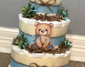 Bear Diaper Cake | Teddy Bear Diaper Cake | Blue Diaper Cake | Boy Diaper Cake | 3 Tier Diaper Cake | Diaper Cake