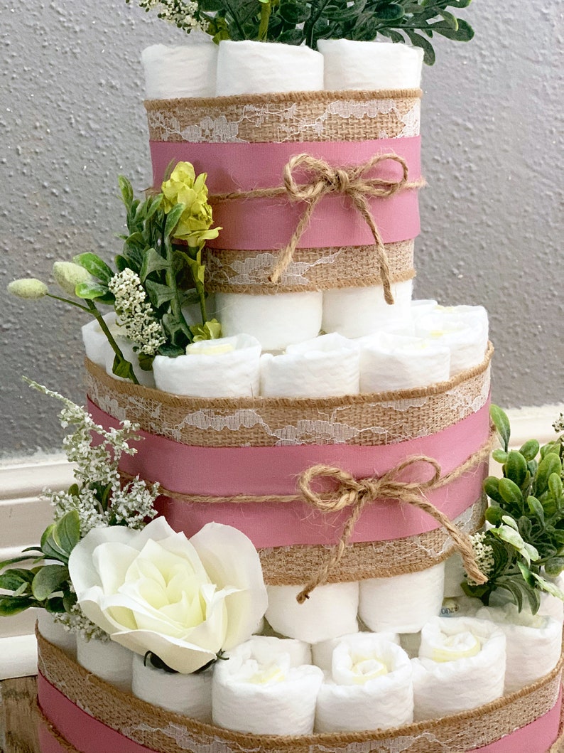 Girl Diaper Cake 3 Tier Diaper Cake Greenery Diaper Cake Floral Diaper Cake Mauve Diaper Cake Burlap Diaper Cake