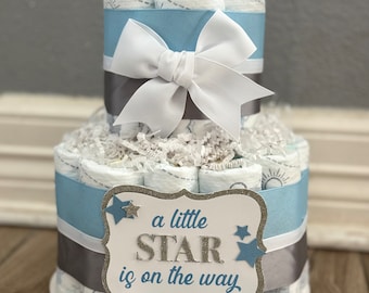 Blue Star Diaper Cake | Star Diaper Cake | Silver Diaper Cake | Boy Diaper Cake | Blue Diaper Cake | Diaper Cake| 2 Tier Diaper Cake