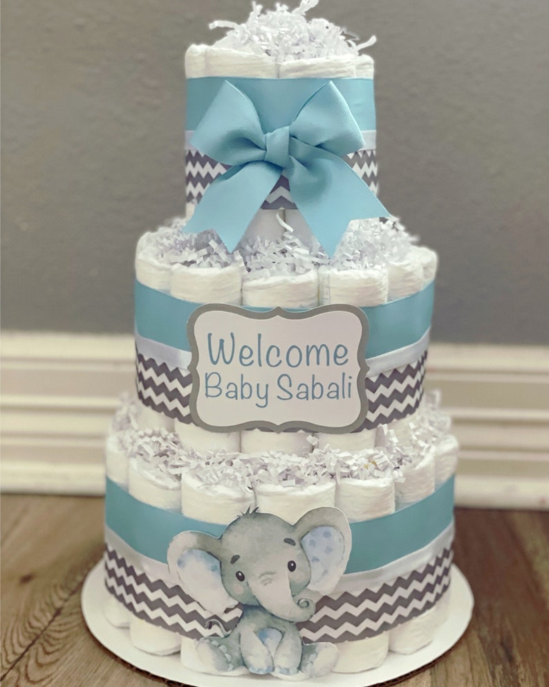 Blue and Gray Elephant Diaper Cake Elephant Diaper Cake Blue and Gray Diaper Cake Boy Diaper Cake Blue Diaper Cake Diaper Cake image 2