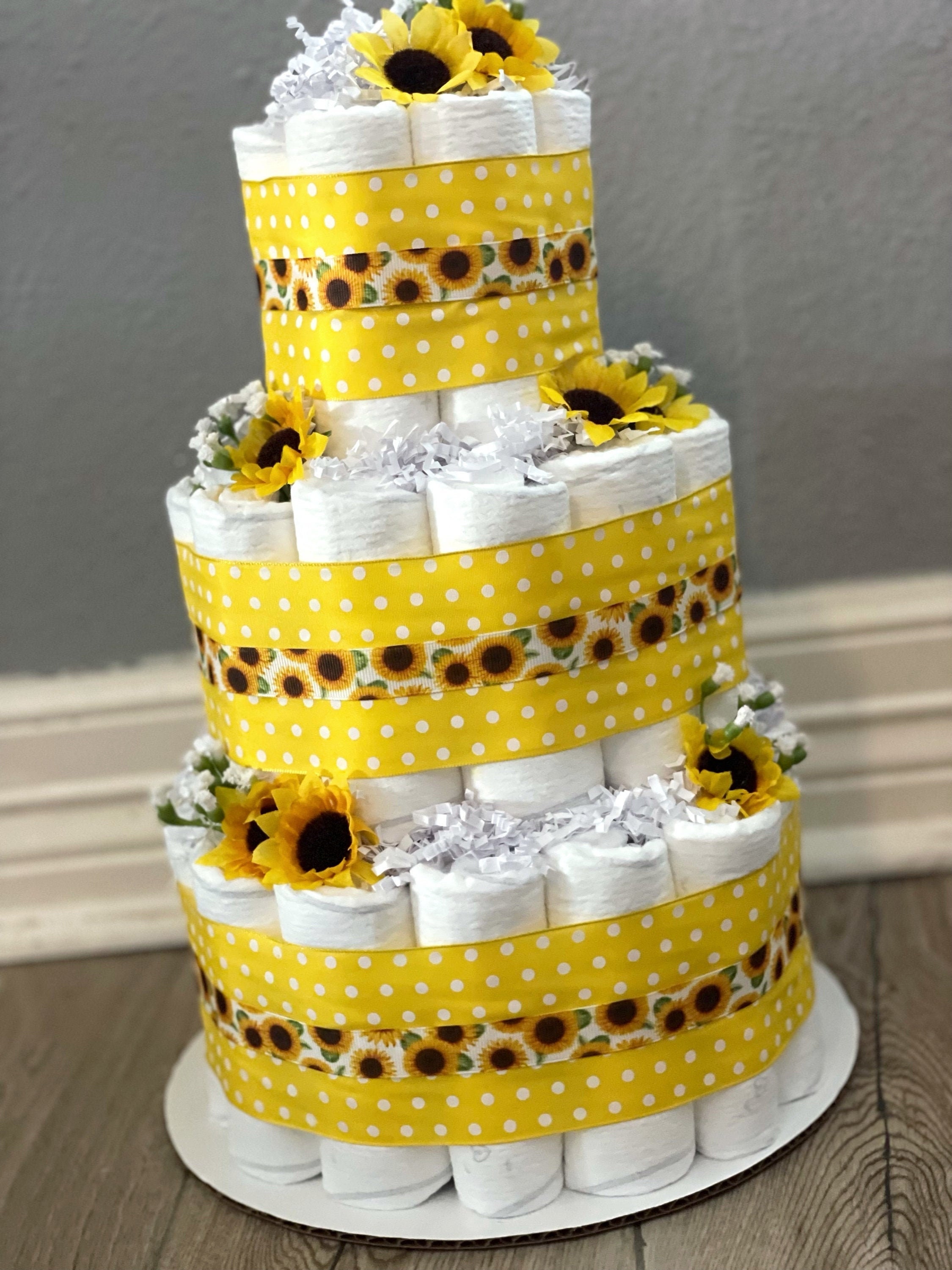 Sunflower Diaper Cake| 3 Tier Diaper Cake| Diaper Cake for Girl| Yellow Diaper Cake| Flower Diaper Cake| Diaper Cake