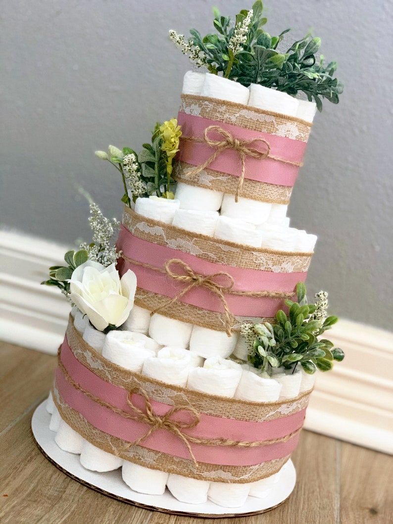 Girl Diaper Cake 3 Tier Diaper Cake Greenery Diaper Cake Floral Diaper Cake Mauve Diaper Cake Burlap Diaper Cake
