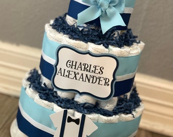 Little Man Diaper Cake| Boy Diaper Cake| Diaper Cake| 3 Tier Diaper Cake| Diaper Cake for Boy| Blue Diaper Cake