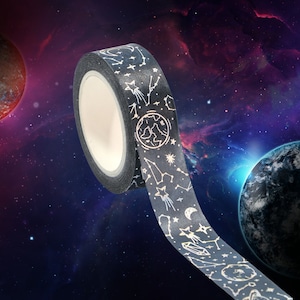 Celestial Silver Washi Tape | Moon and Constellations on Black | Gift Wrapping Tape