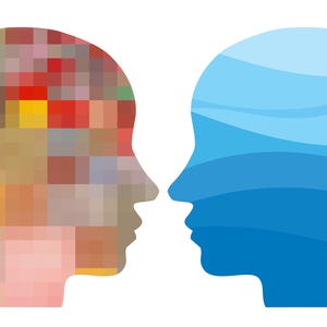 Puede incluir: Dos siluetas de cabezas humanas una al lado de la otra, mirándose. La cabeza de la izquierda está llena de un patrón pixelado de colores. La cabeza de la derecha está llena de un patrón ondulado azul.