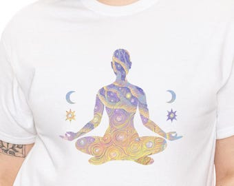 Meditative Spirit Unisex Cotton Tee, Yoga Shirt, Spiritual Gift, Cosmic Design T-Shirt, Mindfulness Clothing, Unique Relaxation Wear