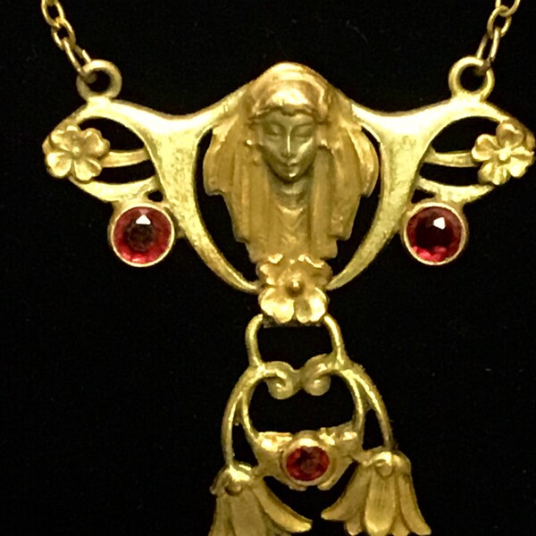 Antique Art Nouveau Brass & Ruby Red Glass Floral Beautiful Woman Pendant Neckalce