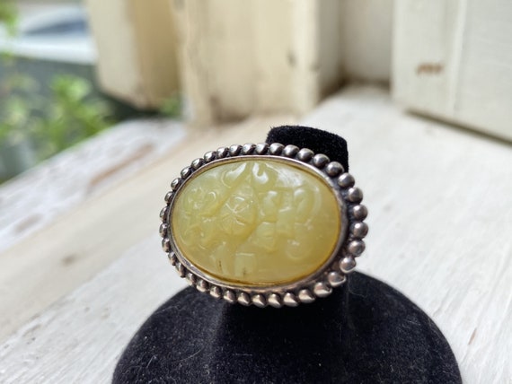 Vintage carved Yellow Jadeite Jade & 925 sterling… - image 1