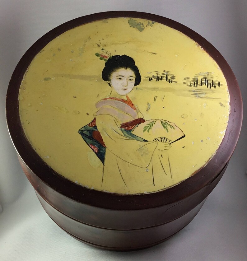 Antique Japanese Lacquered Collar Box Handpainted W/ Geisha Etsy