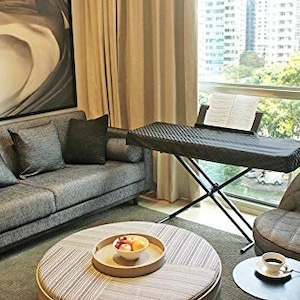 May include: A black keyboard stand with a black keyboard cover. The stand is in a living room with a gray couch, a gray armchair, and a coffee table with a bowl of fruit.