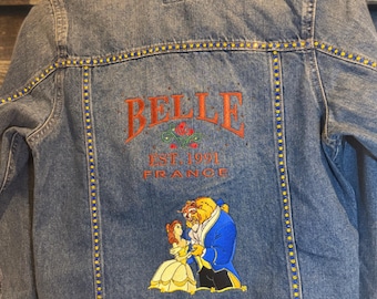 Upcycled Denim Jacket, Beauty and the Beast Belle Embroidery, Rhinestone Accents