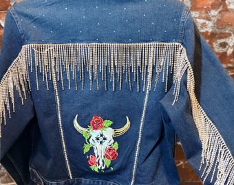 Cow Skull with Roses Embroidered with Rhinestone Fringe on Up-Cycled Denim Jacket