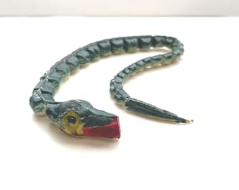 Vintage 1950s Articulated Green Toy Snake Hand Painted